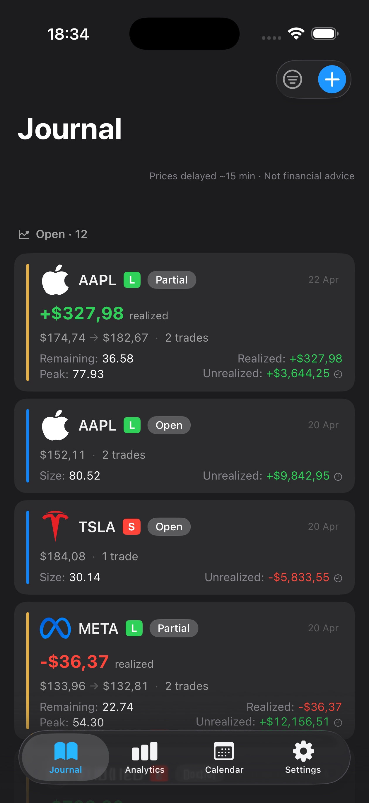 Mantis Trading Journal — journal view showing open positions with live P/L tracking
